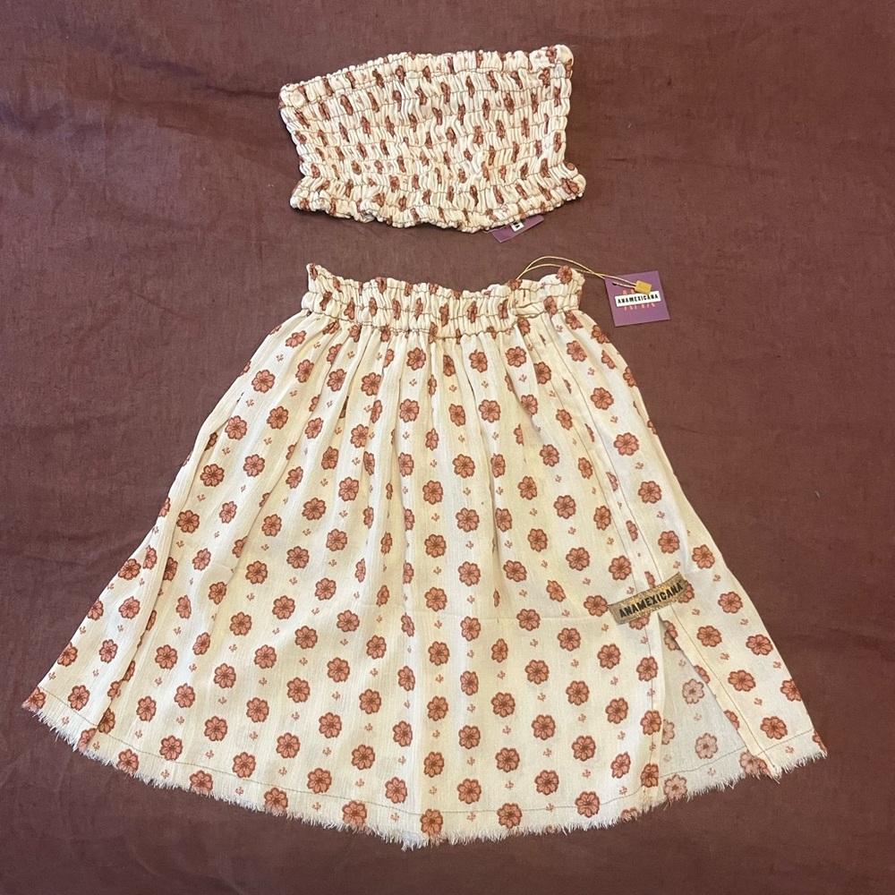 Beach Boutique Skirt & Tube Top Set in Ivory with Terracotta Floral Details